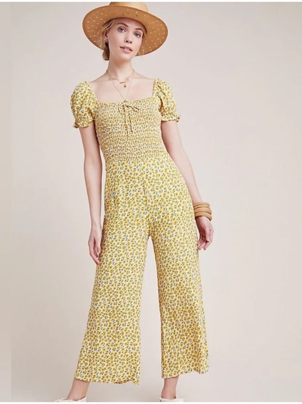 Anthropologie x Faithfull the Brand Laszlo Wide Leg Smocked Daisy Jumpsuit US 2